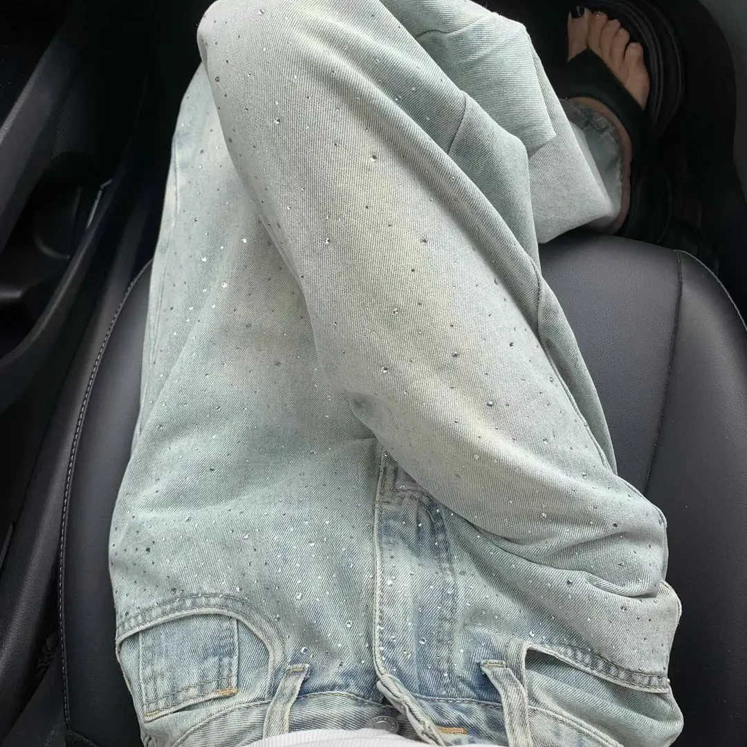 高个子加长美式复古牛仔裤女秋春新款韩系直筒裤设计感镶砖高腰显