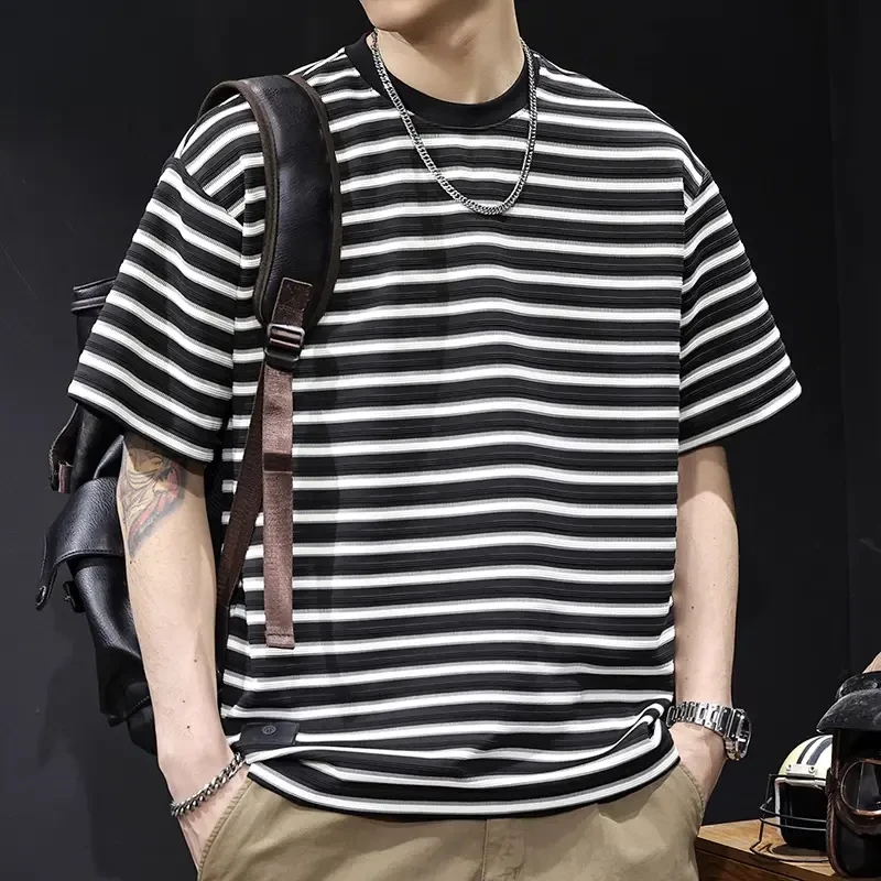 夏季新款条纹男士短袖T恤美式潮牌重磅宽松大码休闲圆领半袖体恤