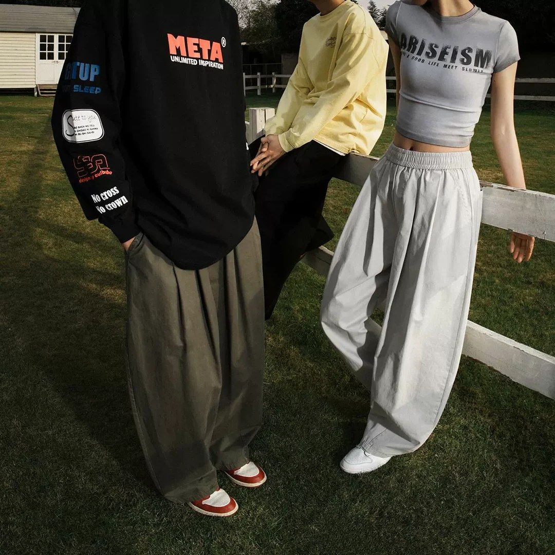 lemanism潮牌纯色压褶弯刀裤男2025春季情侣款宽松棉休闲长裤女