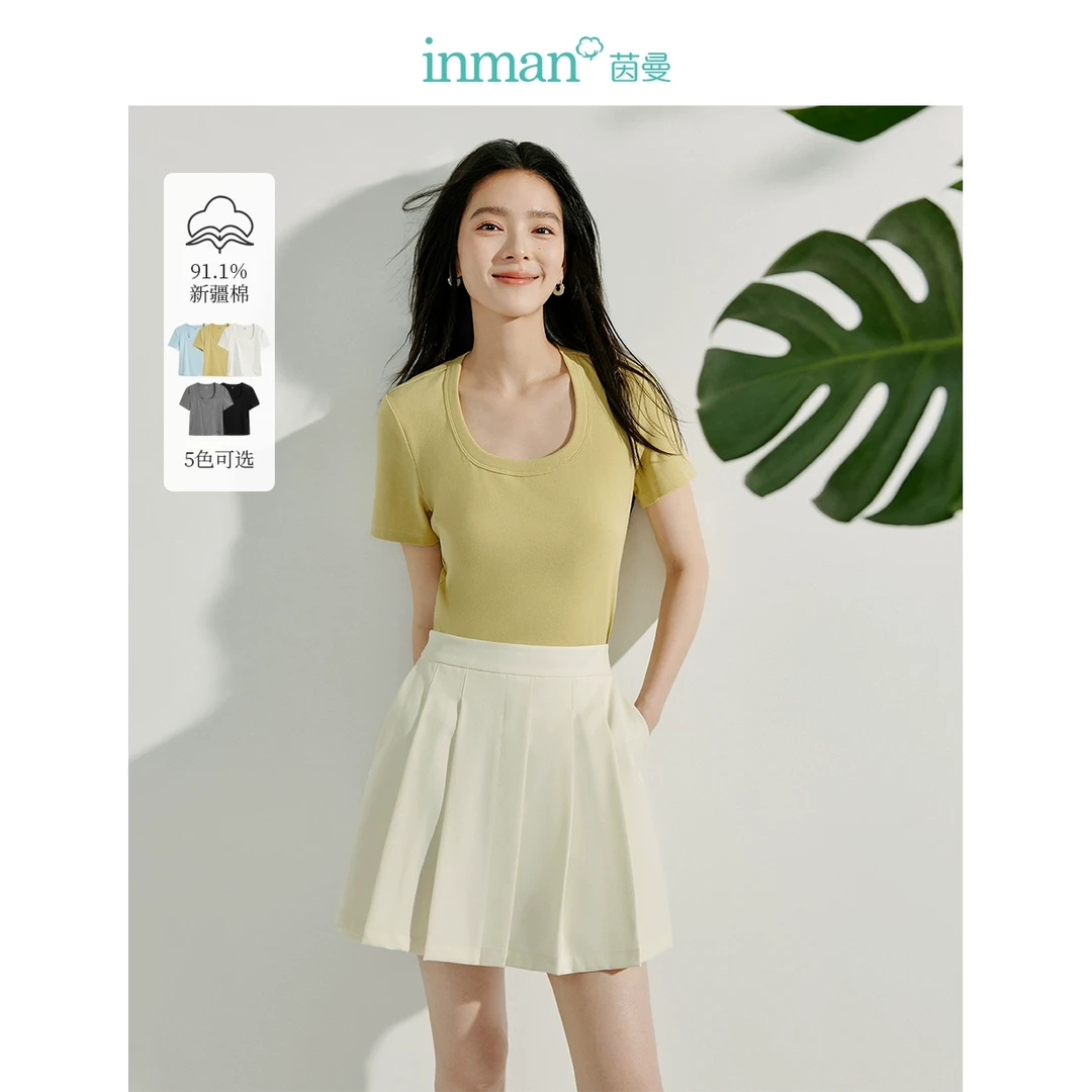 【商场同款】茵曼百搭纯色T恤2025秋季女装新款显瘦短袖短款上衣