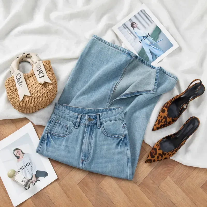 高级感浅色宽松中长牛仔裙女高腰A字版后开叉百搭显瘦包臀半身裙