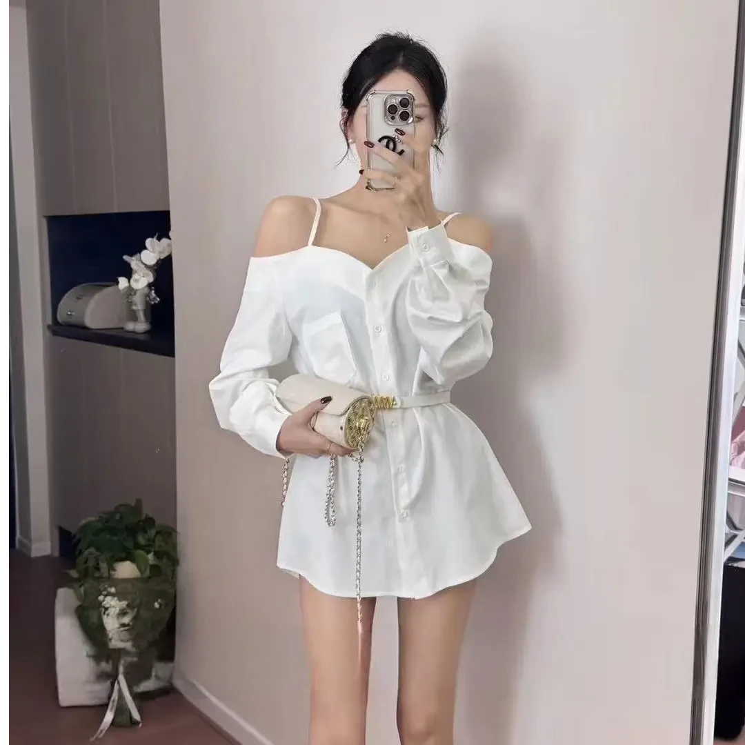 韩版一字肩吊带休闲长袖衬衫女装2025早春新款高级感中长款衬衫裙