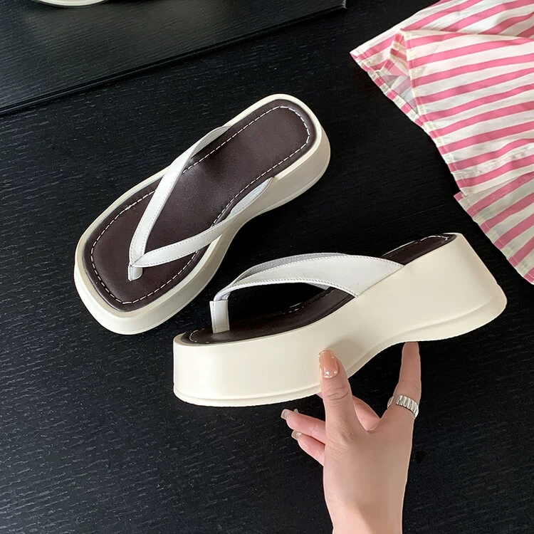 人字拖鞋女夏季外穿夹脚厚底增高海边懒人沙滩凉拖鞋白