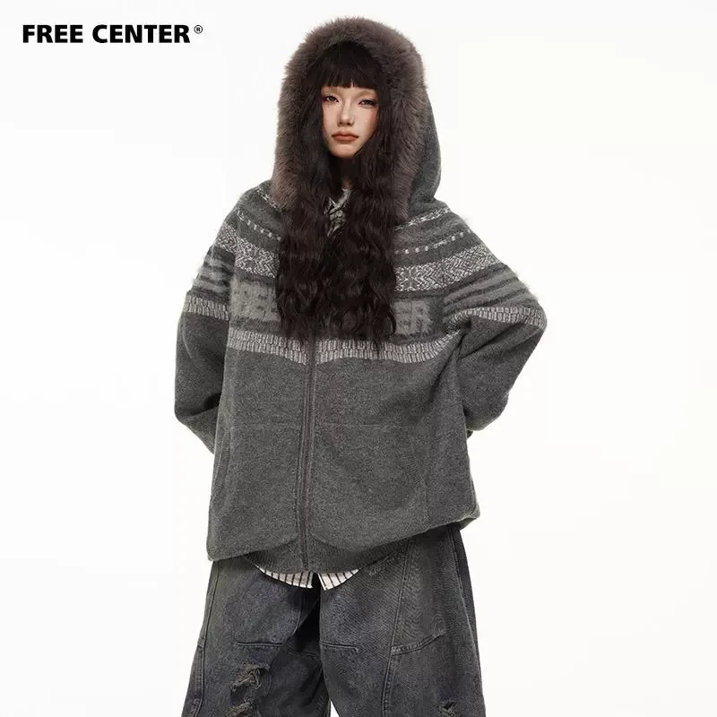FREECENTER2025新春限定费尔岛毛衣男女毛领连帽复古针织开衫外套