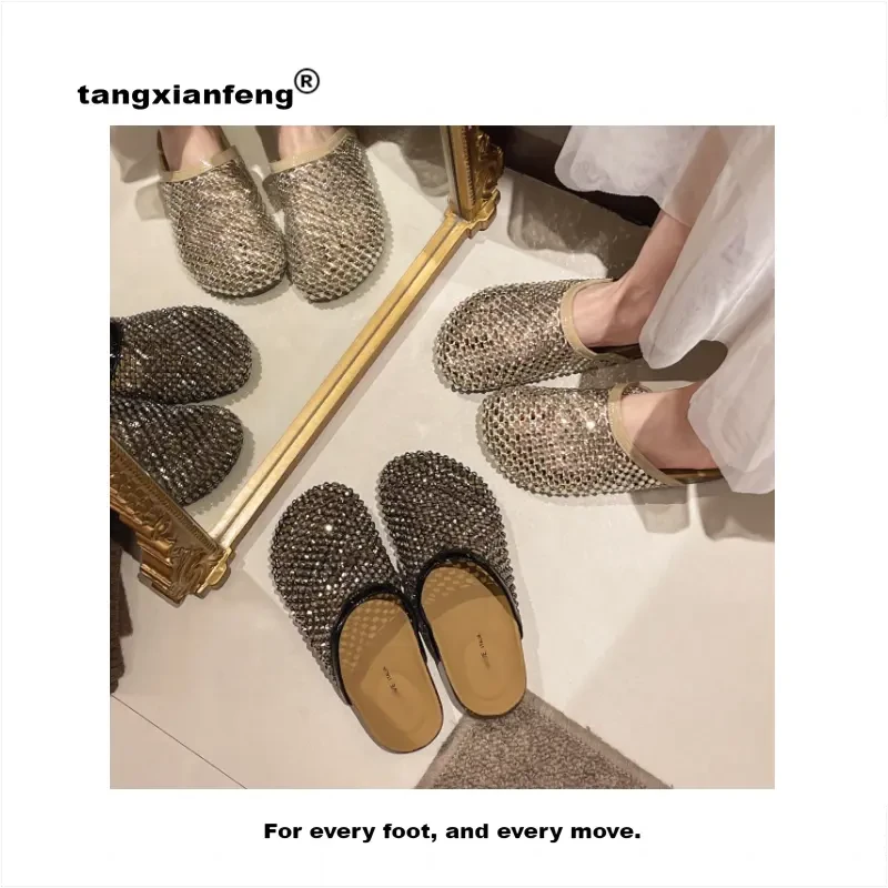 水钻包头舒适低跟平跟修面包头拖夏季ins春夏软底韩版百搭