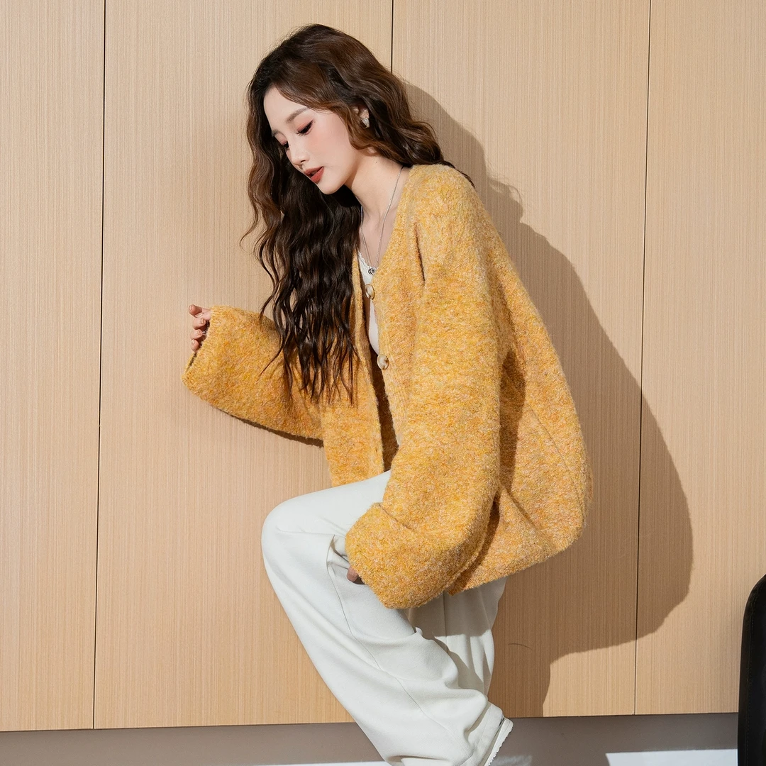 DC604 唐狮2025新款女毛衣开衫外套净色时尚圆领色毛衣女士毛线衫