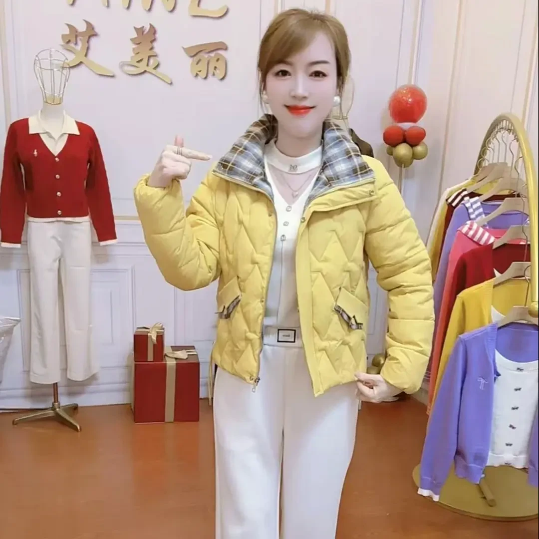 冬季新款洋气显瘦减龄保暖棉衣格子拼接棉袄
