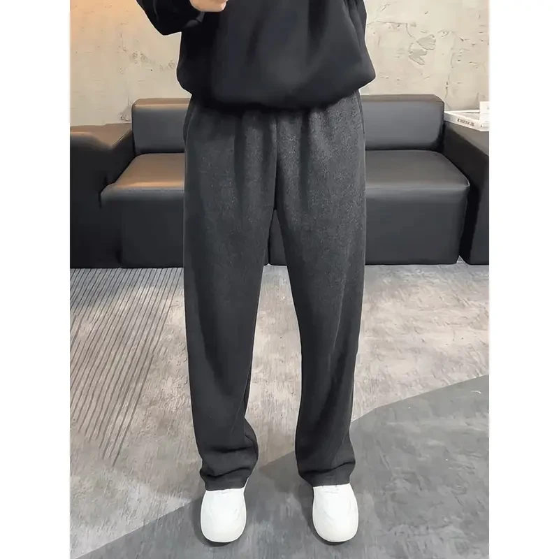 深灰色美式运动卫裤男款秋冬加绒加厚弯刀裤子宽松重磅休闲直筒裤