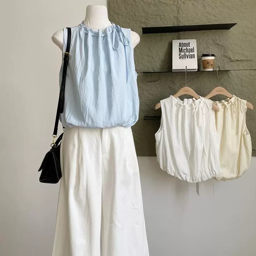 小清新甜美减龄蓝色背心衬衫女2025年夏季新款花苞短款抽绳小上衣