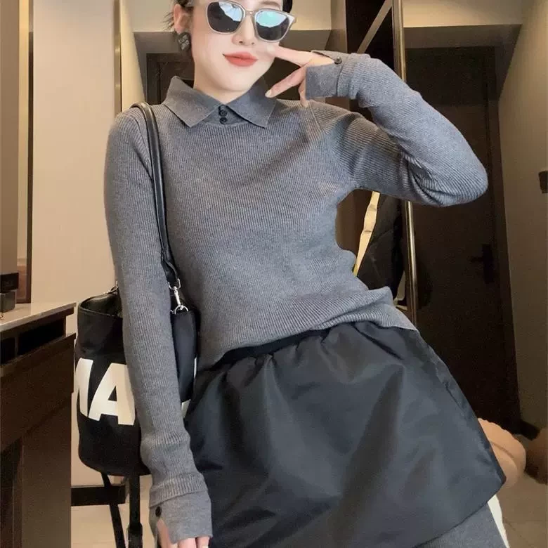 欧货2025早春新款POLO领长袖针织衫女袖口开叉内搭洋气减龄毛衣潮