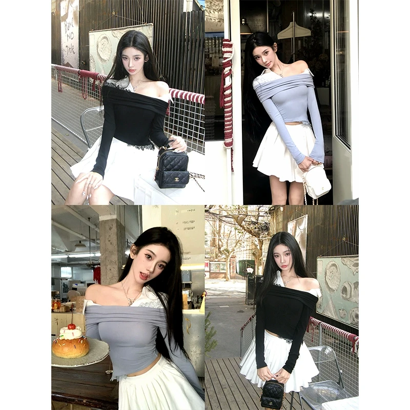 芭比姨【意蕴蓝调 】 假两件拼接一字肩针织打底衫女