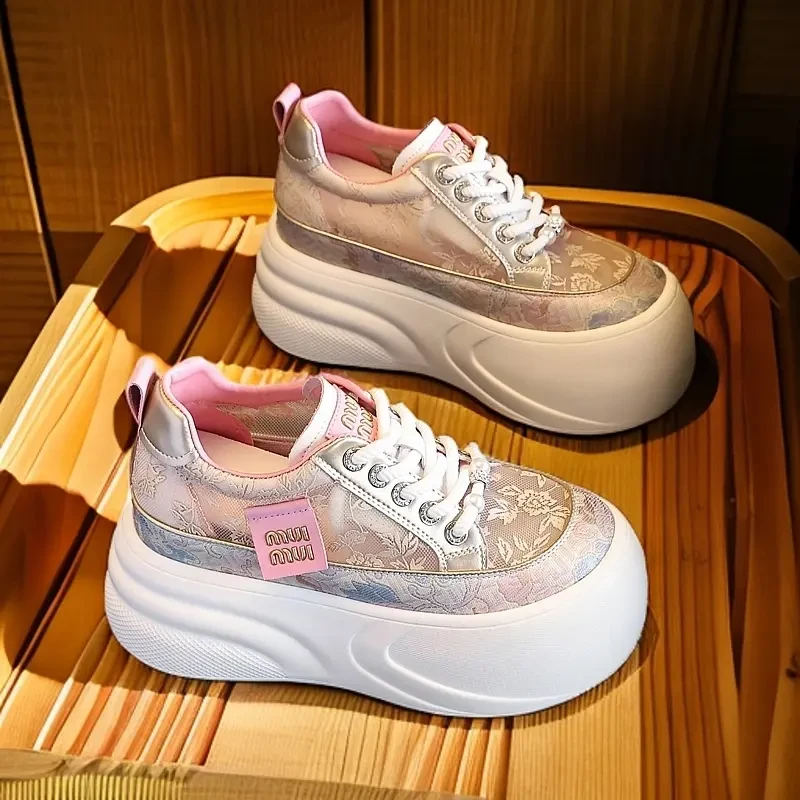 【增高9CM】2025夏季粉色透气网纱鞋百搭显瘦厚底显瘦小白鞋女凉鞋