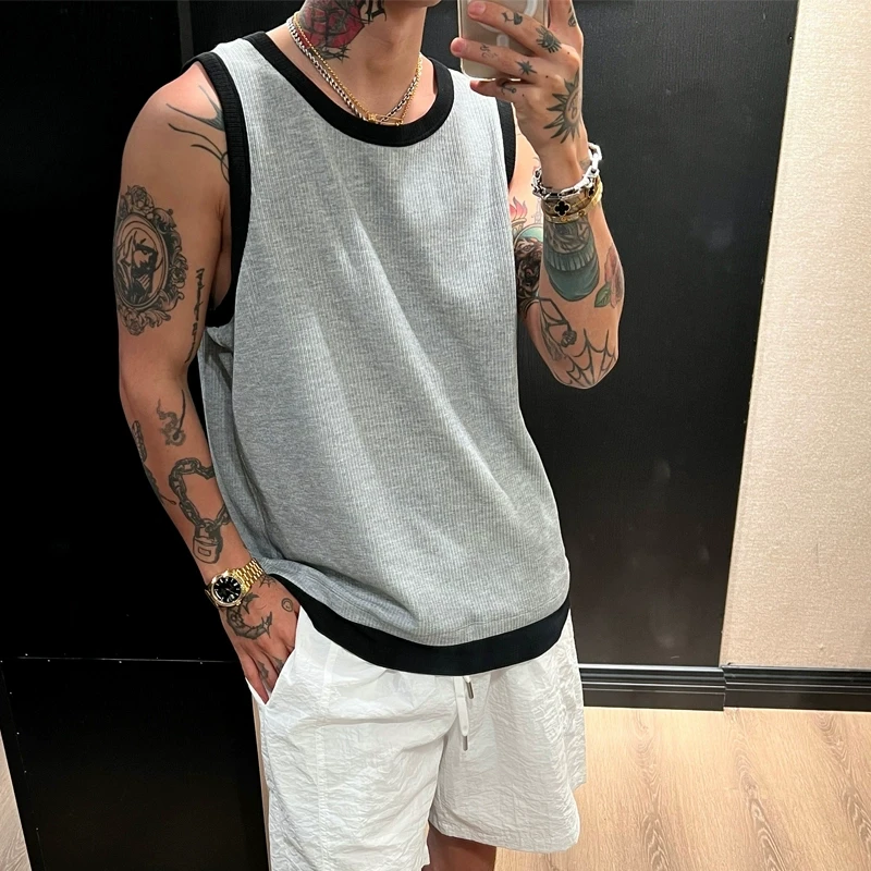 OXFREAK「撞色拼接罗纹」肌理褶皱老钱背心男宽松圆领无袖t恤薄款