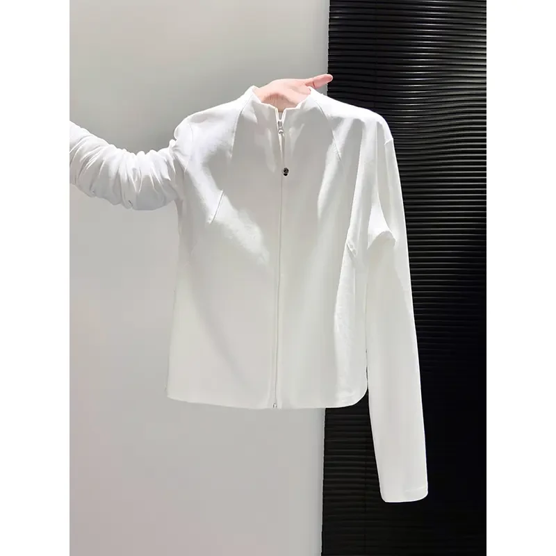 通勤百搭立领鱼骨长袖T恤秋冬新款修身显瘦遮肉美式拉链开衫上衣