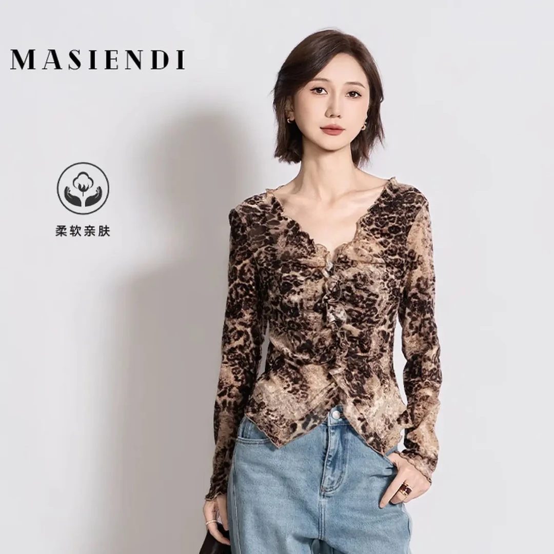 玛丝恩迪秋冬季新款豹纹小衫显瘦秋季长袖打底330306打底衫内搭