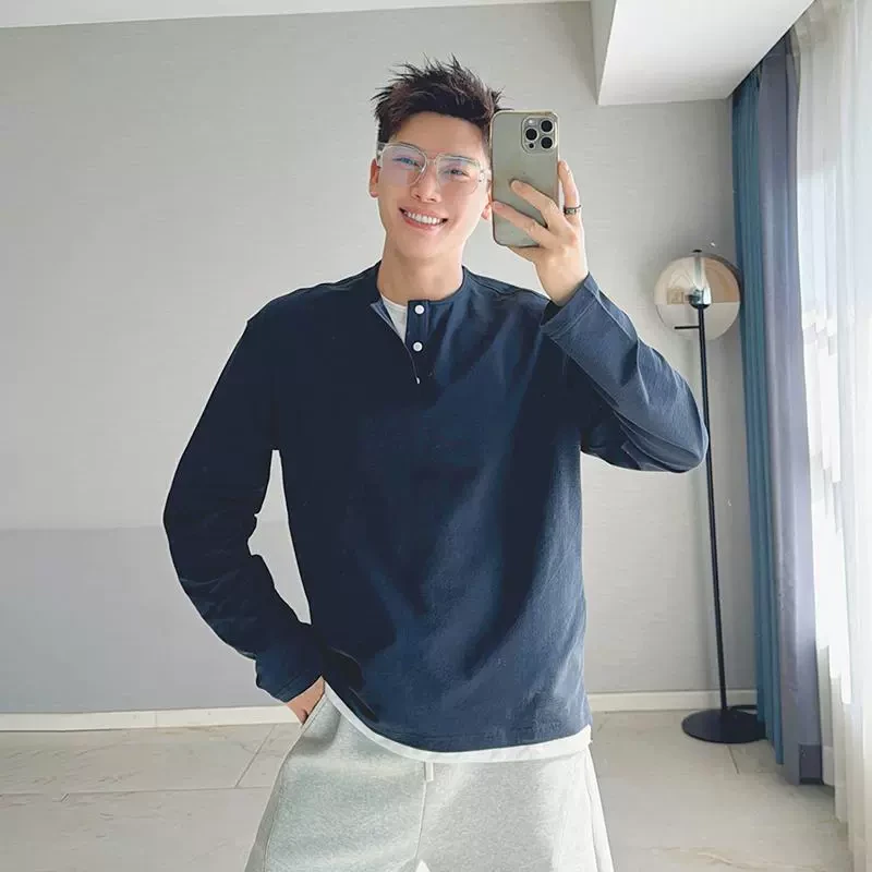 朱渣渣老钱风气质假两件肌理感亨利领长袖T恤男春秋内搭打底衫潮