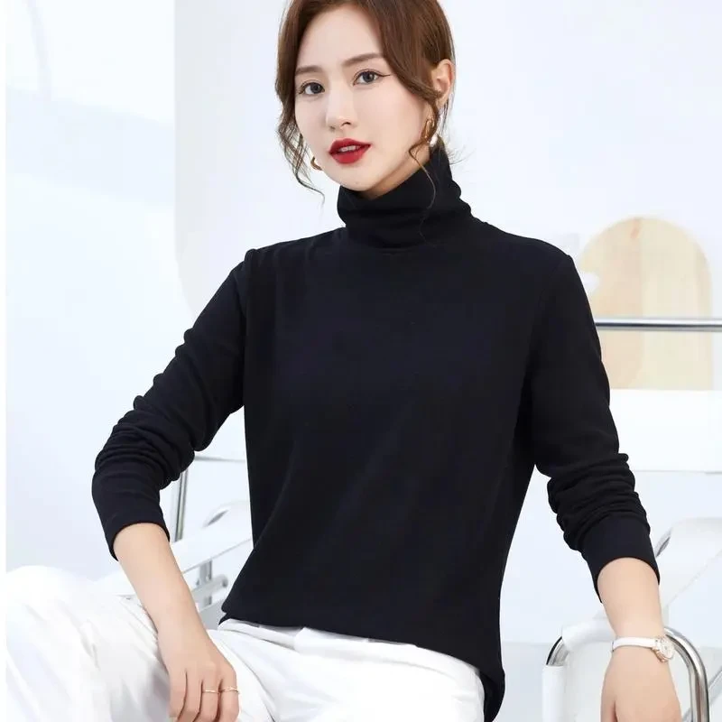 双面澳绒秋冬新款加绒加厚堆堆领高领纯色长袖打底简约T恤女9682