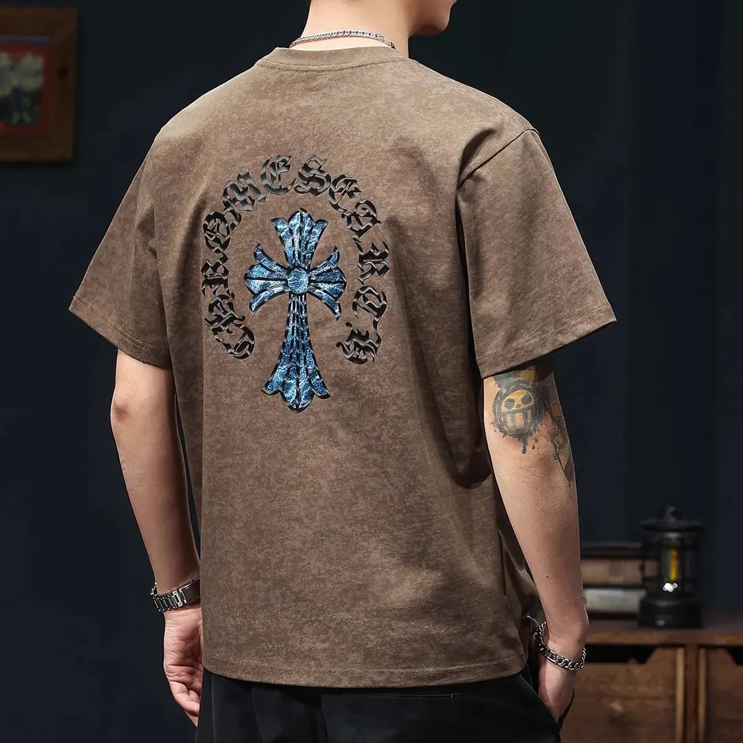 JVSJ美式复古克罗心短袖T恤男夏季新款潮牌宽松圆领半袖男士体恤