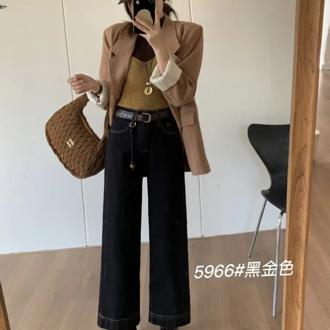 （静姐家）5966植绒小个子高腰显瘦不贴腿直筒牛仔裤小个子必备