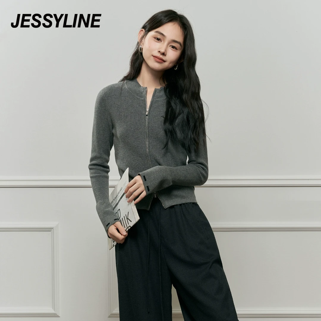 杰茜莱灰色百搭通勤短针织开衫女秋季新款毛衣外套 jessyline