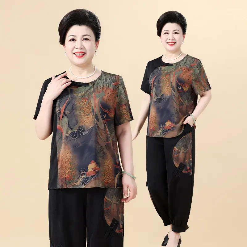 夏季新中式印花拼接短袖气质两件套时尚洋气女装大码妈妈国风套装
