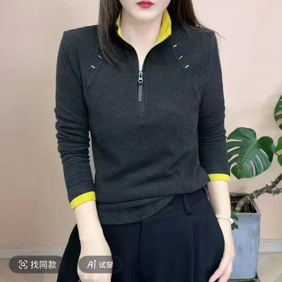 半拉链立领拼色加厚双面绒保暖显瘦修身长袖卫衣秋冬新款上衣