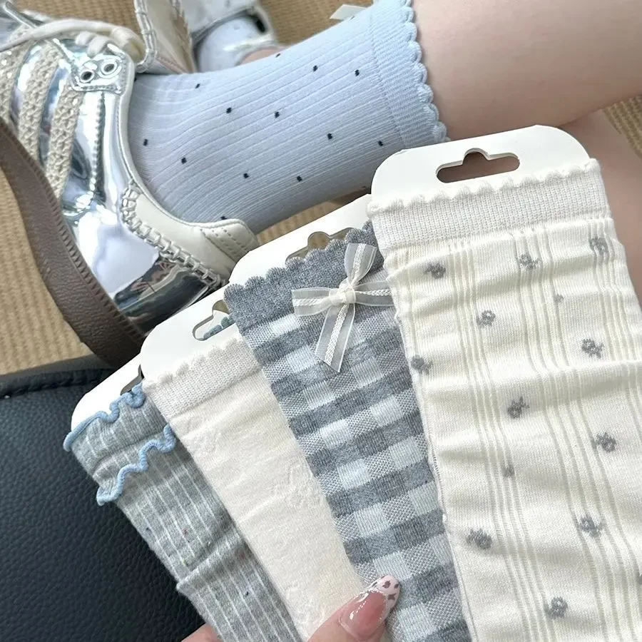 灰蓝色系透气学院夏季薄款可爱日系蝴蝶结袜中筒ins花边堆堆袜LX