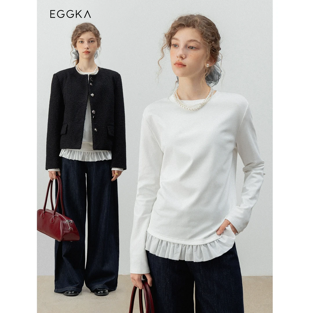 EGGKA芭蕾风叠穿设计感上衣假两件T恤春季长袖打底衫 E24A3518YM
