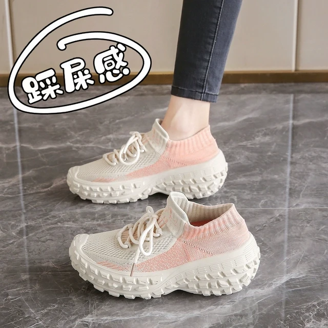 轮胎底飞织运动鞋女夏季新款厚底网面透气跑步鞋小个子增高老爹鞋