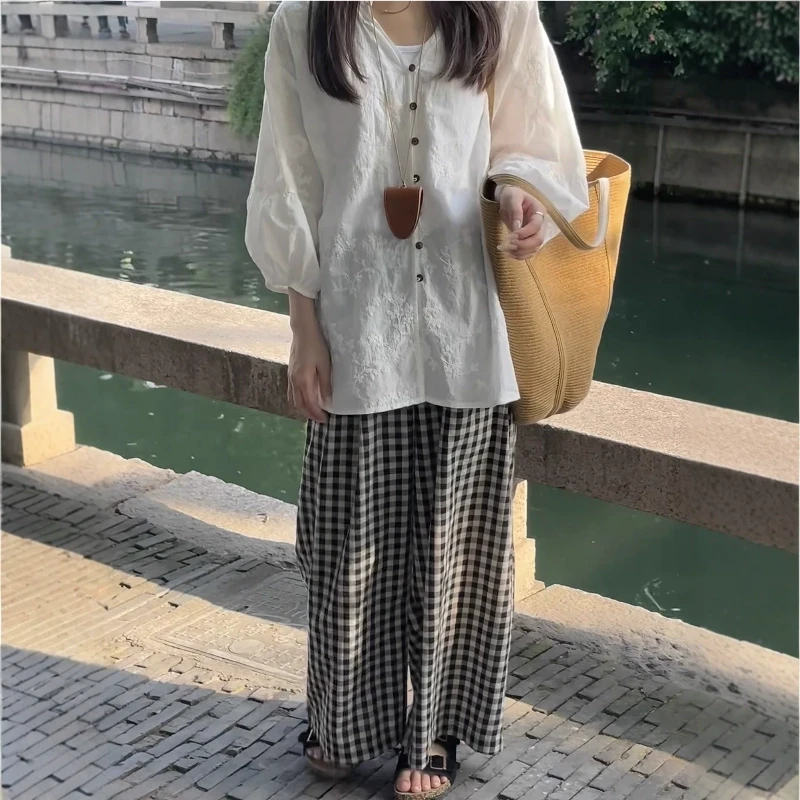 精致刺绣提花设计感衬衫搭配阔腿裤女春夏季新款甜美穿搭一整套女