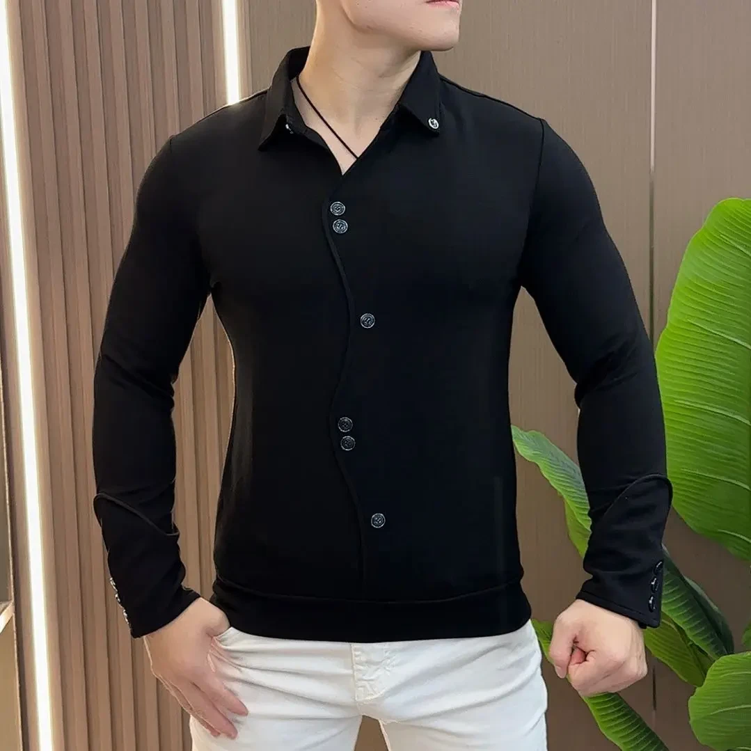 痞帅男士衬衫2024春秋季新款高级感修身帅气轻奢高端男装黑色衬衣
