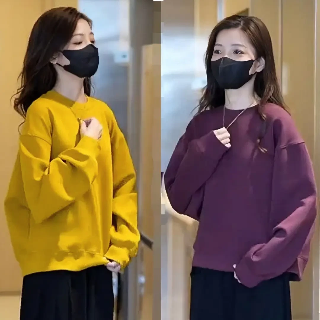 简约紫色圆领卫衣女2025春秋新款韩版宽松慵懒风纯色上衣潮牌