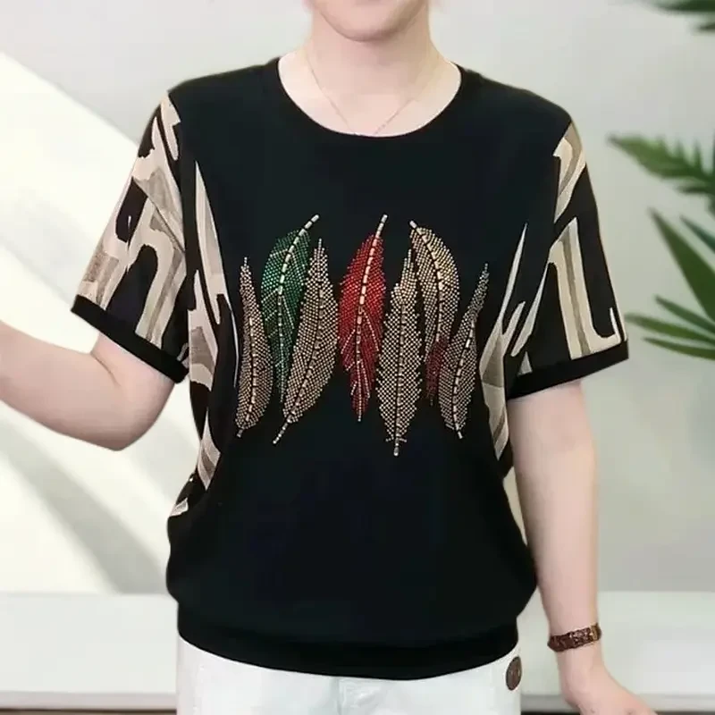 大码宽松舒适透气新款气质上衣短袖女士显瘦夏季印花拼接百搭T恤