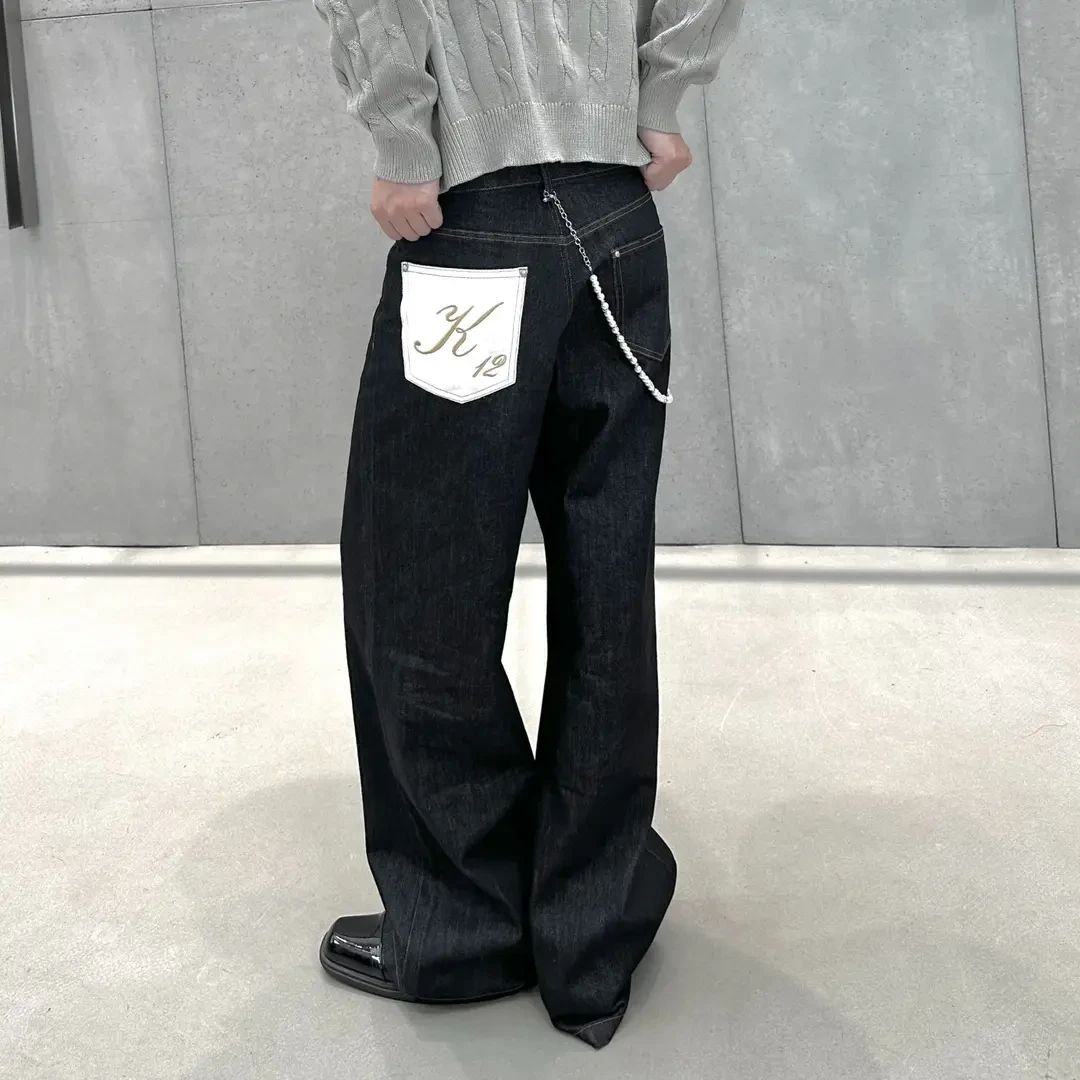 2025秋冬新款系扣微弹长裤中腰冈山原牛直筒牛仔裤刺绣裤子直筒裤
