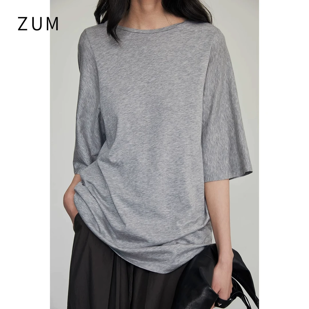 ZUM 白色垂感T恤夏季2024新款女圆领宽松中式短袖上衣内搭正肩