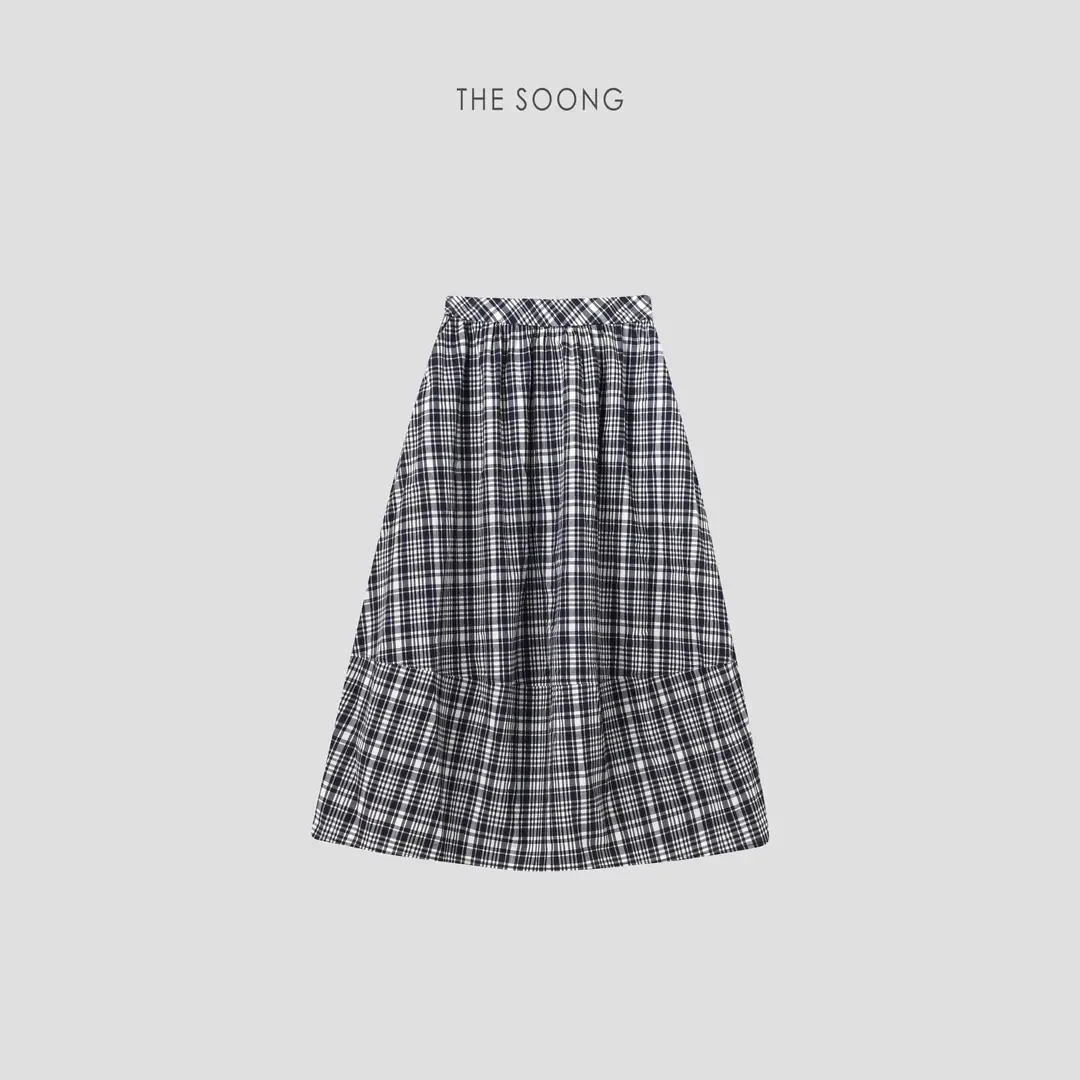 THESOONG|"格子裙"复古交织线条格纹肌理弹力花苞半身裙HBQZ6632