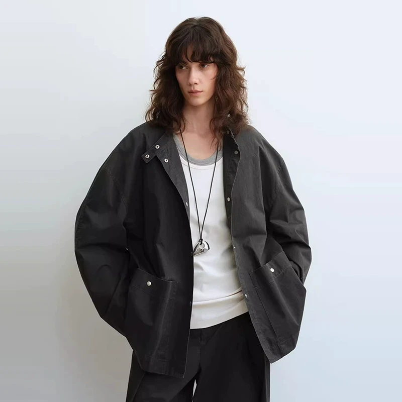 【YOEYYOU】noundnound墨灰色小立领宽松休闲外套女士2025春夏新款