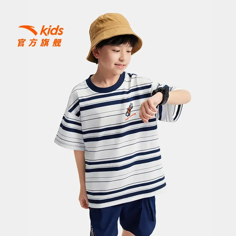 安踏儿童男大童短T2025夏季新款透气舒适青少年纯棉圆领条纹短袖T