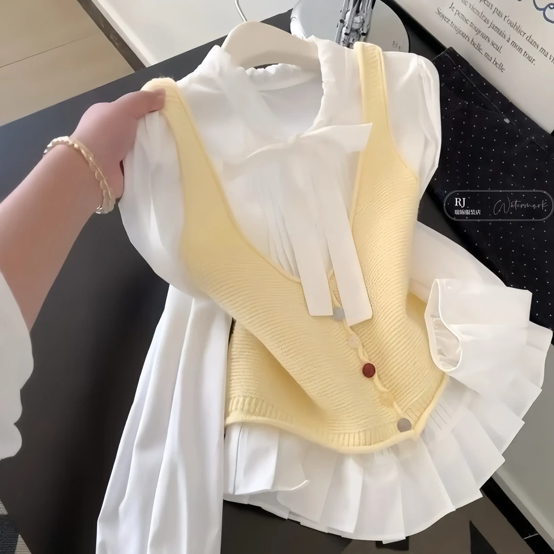 【RJ】秋冬衬衣漂亮蝴蝶结系带衬衫韩系简约针织流行时尚潮牌女装