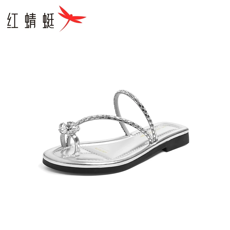 红蜻蜓银色夹趾凉鞋女2025夏季新款女鞋外穿凉拖鞋平底细带沙滩鞋