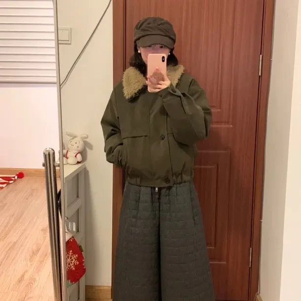 【胡胡专属】复古工装短款可拆卸毛领麂皮pu棉服皮夹克外套