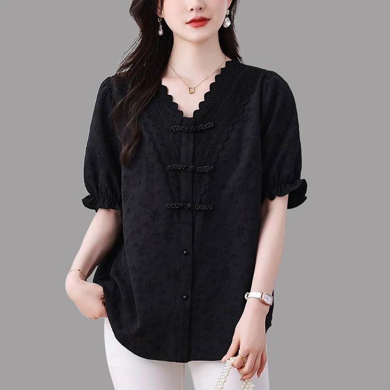 新中式国风复古黑色短袖衬衫女2025夏季新款宽松大码显瘦盘扣上衣
