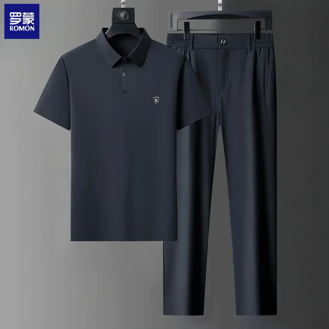 罗蒙父亲节礼物爸爸夏季冰丝套装50-60岁高档男士夏季休闲套装