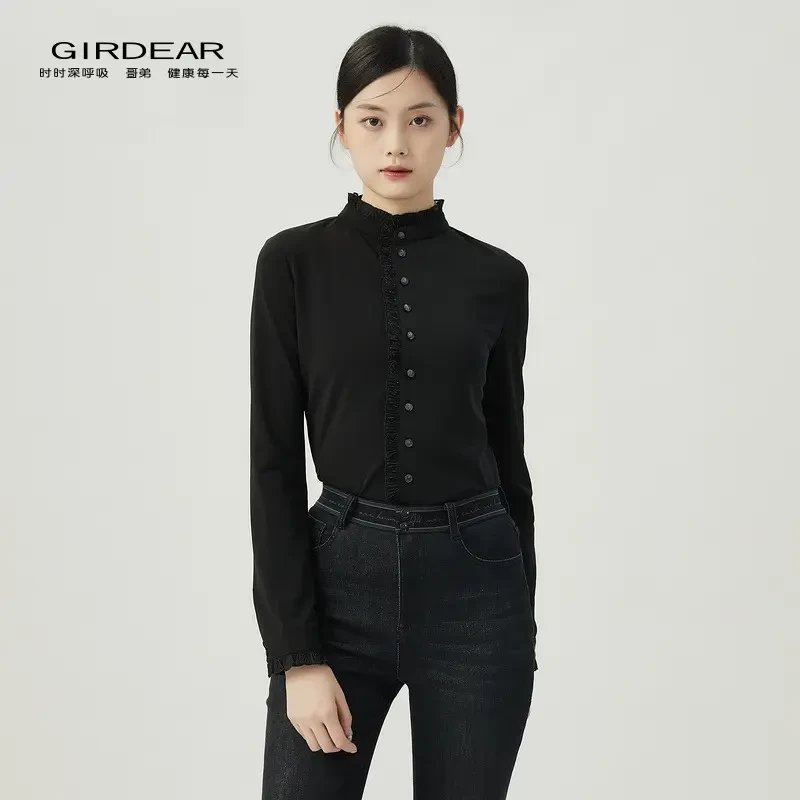 哥弟新款法式宫廷风木耳边衬衣长袖立领轻职场纯色衬衫女1300936