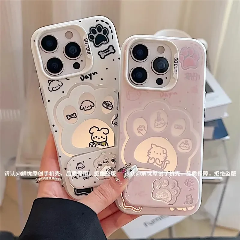 适用情侣镂空猫爪镜面支架苹果16华为OPPO小米15VIVO14手机壳新款