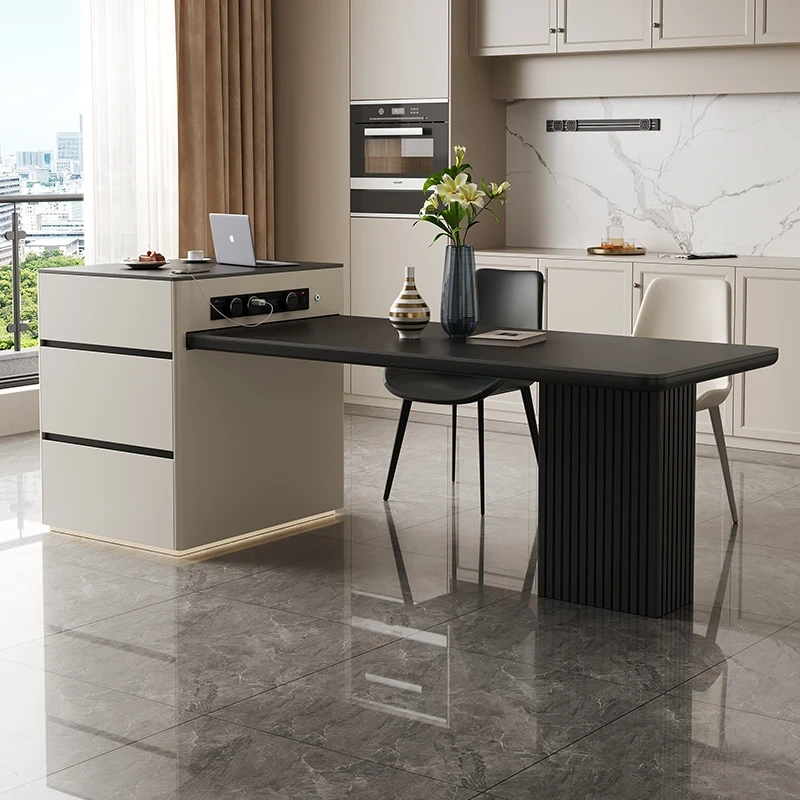 全实木意式轻奢高级岩板岛台餐桌一体可伸缩极简岩板极简餐桌家用