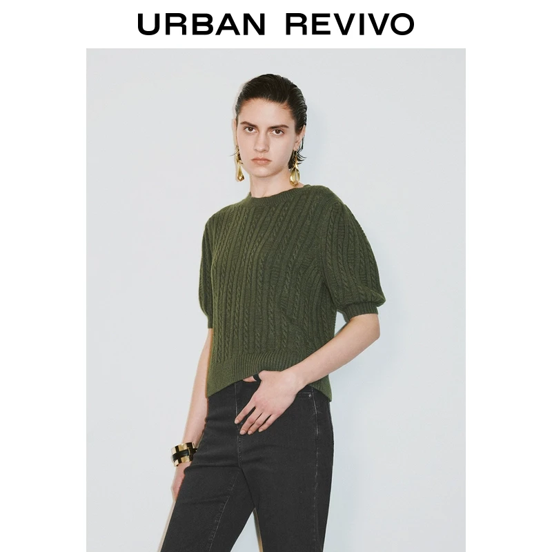 UR2025春季新品女装欧若风复古植物系绞花圆领针织衫UWG950049