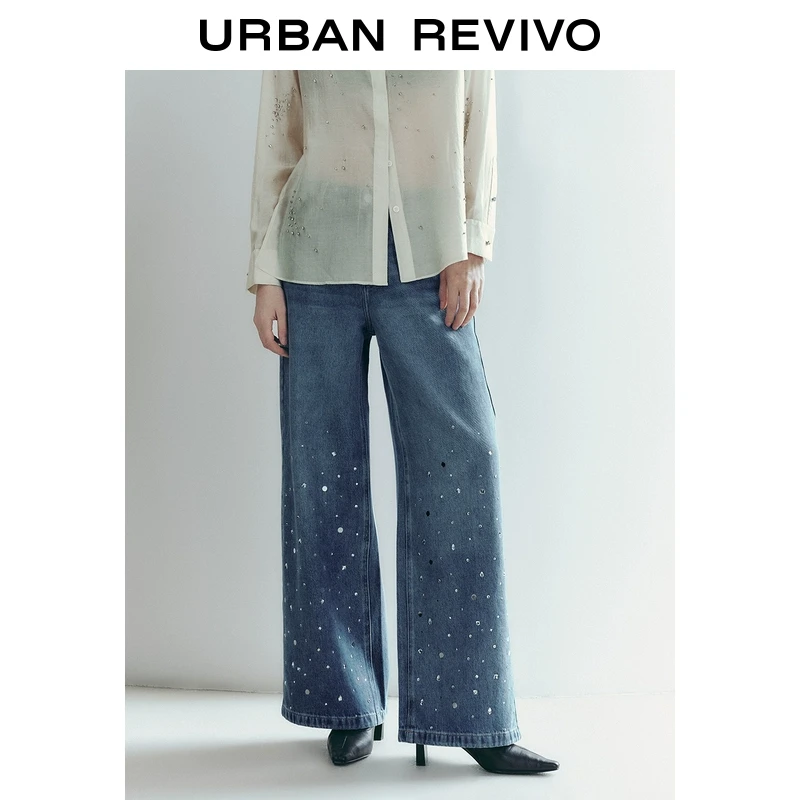 UR2025春季新款女装欧若风设计感钉珠饰阔腿牛仔长裤UWG850020