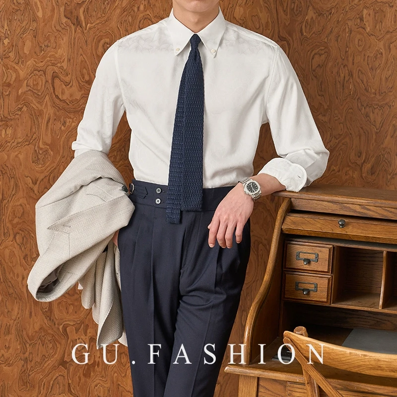 GU FASHION男士气质高级感提花休闲衬衫春夏痞帅休闲尖领上班衬衣