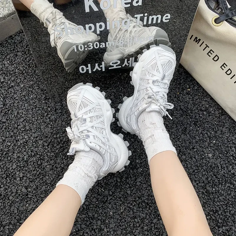 欧洲站时尚绑带老爹鞋女2025新款厚底透气网面运动休闲鞋女鞋